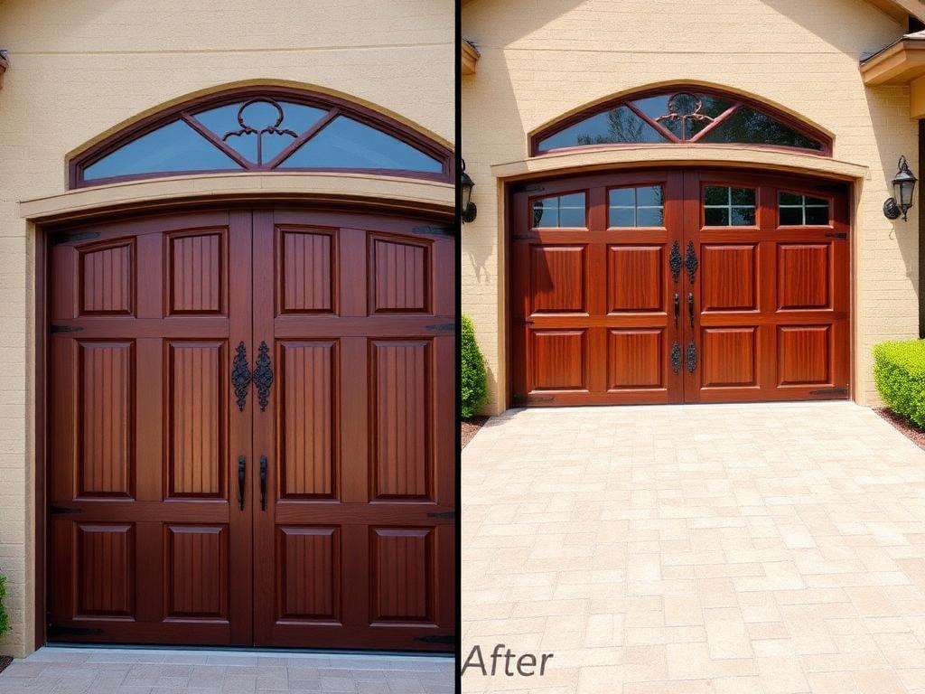 Elegant mahogany wood garage doors with decorative iron hardware and arched windows installation showcase