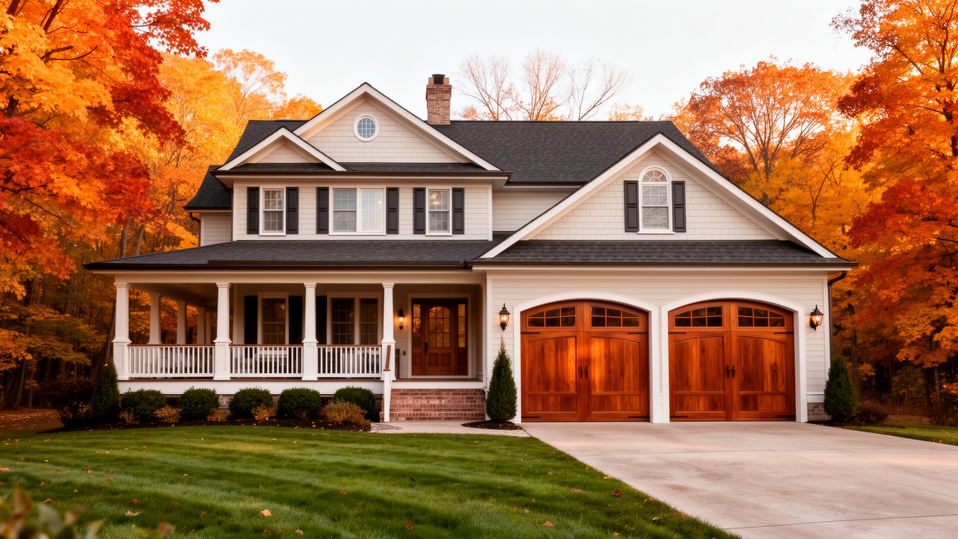 Beautiful farmhouse with elegant mahogany wood garage doors featuring arched windows on a crisp autumn morning