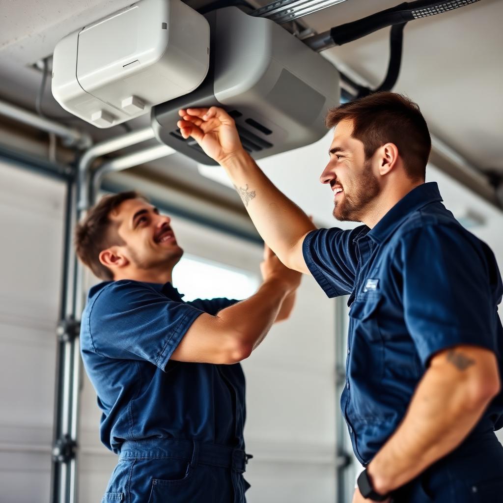 Experienced garage door technicians adjusting opener motor with professional equipment