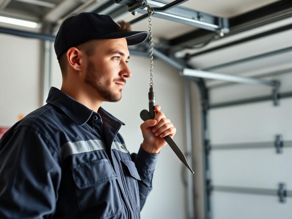 Professional garage door technician performing quality service and inspection